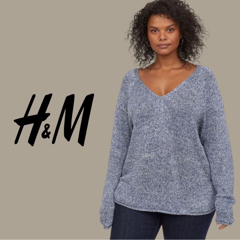 🌷H&M Blue Marled Knit V-Neck Sweater Women’s Size Large 3/$30